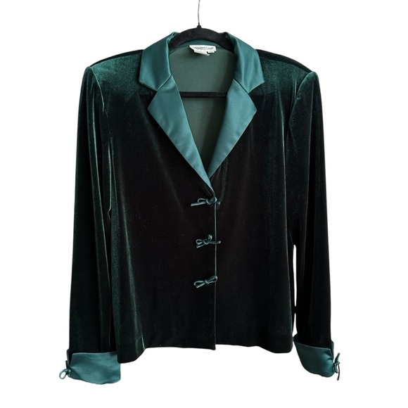 COLDWATER CREEK Dark Green Velvet & Satin Jacket Bows Whimsical Elevated Chic 12 - Picture 9 of 12